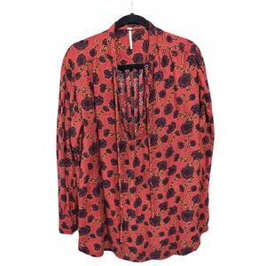 Free People Mia Tunic Medium Red Black Floral Boho V Neck Tie Boho Chic Top